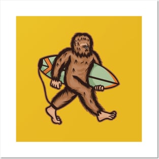 Sasquatch Bigfoot Walking in the Beach with a Surfboard | Summer Vibes Posters and Art